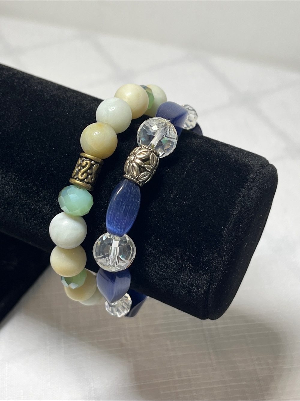 Green & Cream and Blue & Clear Beaded Stretch Bracelet Set